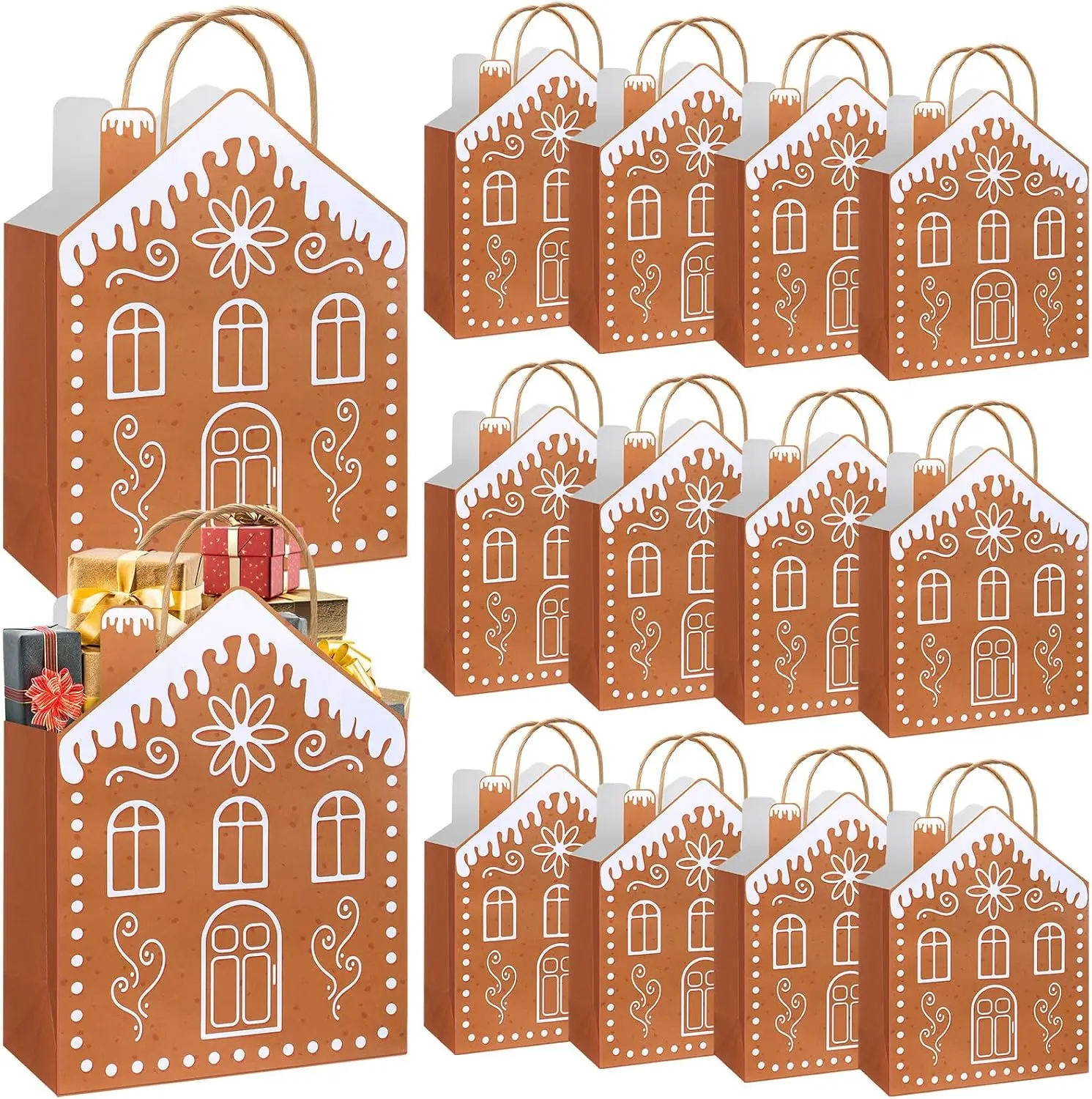 24 Pcs Christmas Gingerbread Kraft Paper Bags Christmas Bulk Goody Bags with Handles Christmas gift wrapping Gingerbread House Gift Bags 10.6 x 3.1 x 7.1 Inch for Christmas Holiday Party Favor Birthday Treat