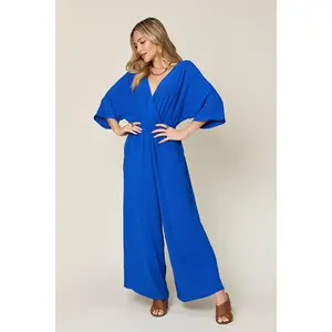Double Take Full Size Surplice Wide Leg Jumpsuit with Pockets - Blue Batwing Sleeve V Neck Casual Jumpsuit for Women