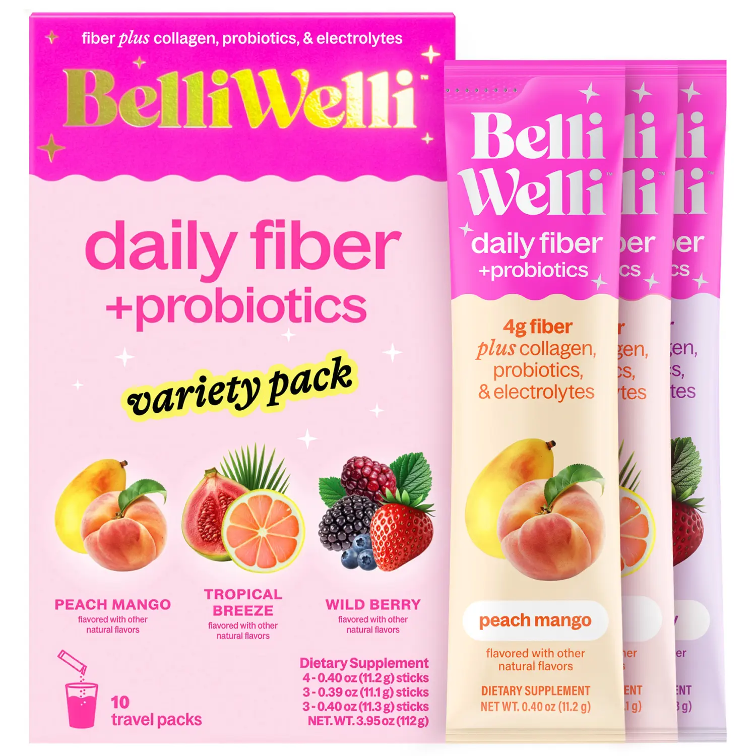 BelliWelli On-The-Go-Packets - 10 count - Variety Pack Dietary Fiber Collagen Supplement