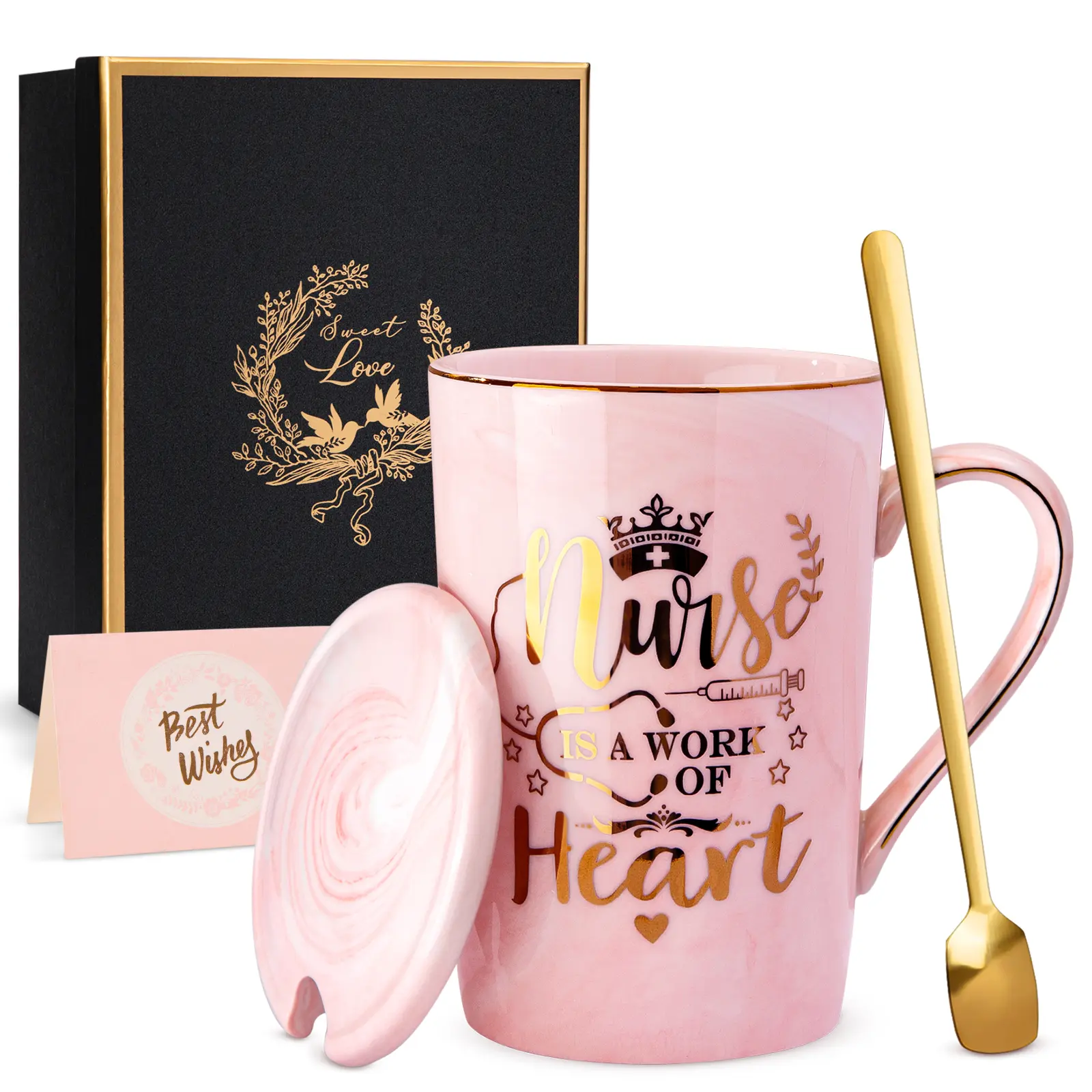 Nurse Gifts for Women, Funny Nurse Mug with Gold Print, Nurses Week Retirement Graduation Appreciation Present, School Nursing Student RN Practitioner, 14oz Pink Marbled Ceramic Cup, Nice Gift Boxed anniversary  gift Drinkware Tumbler graduation  gift
