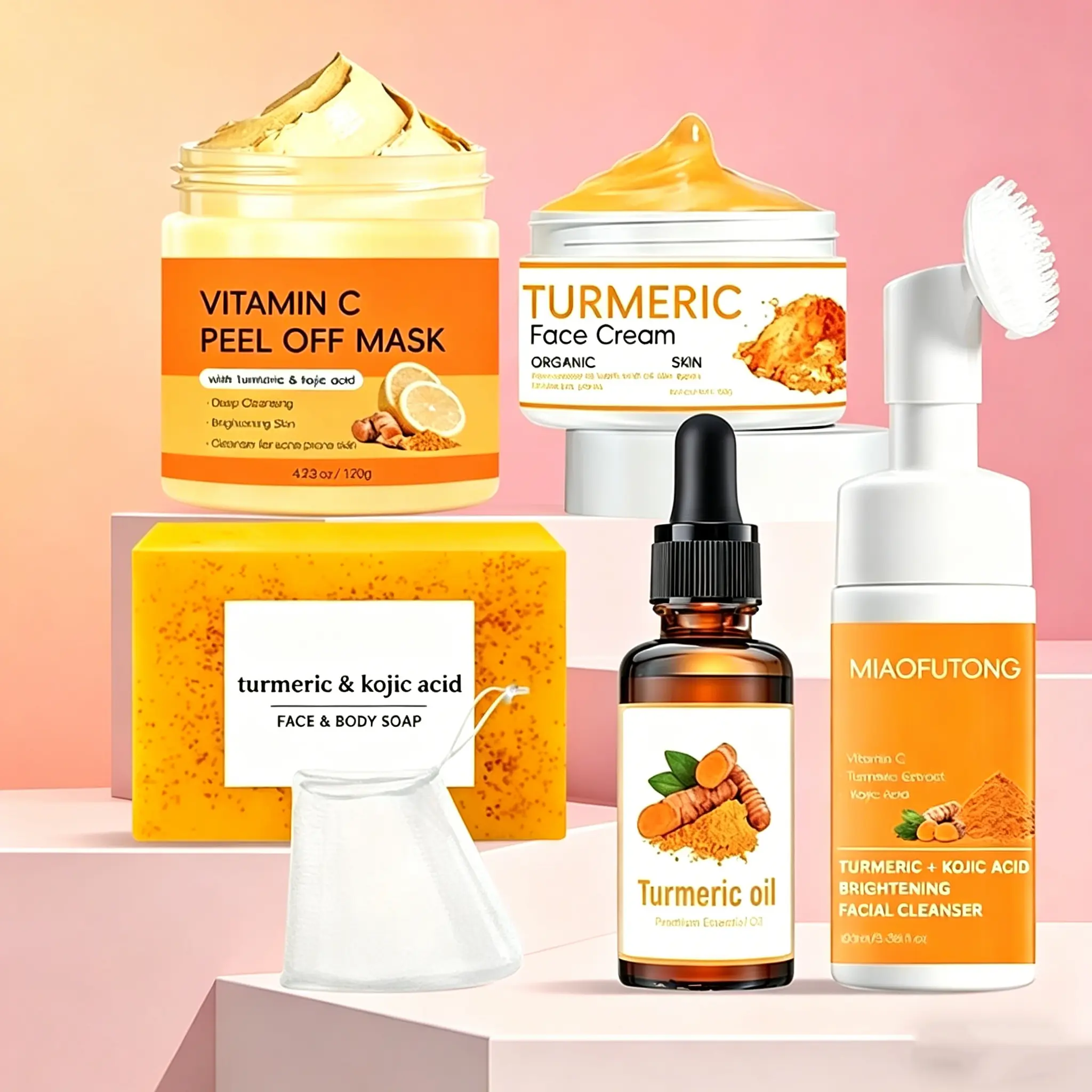 Unisex Turmeric & Kojic Acid Advanced Brightening Glow Skin Care Kit - 6-Count Set with 1 Soap+1 Cleanser+1 Oil+1 Mask+1 Cream & Soap Bag, Thoughtful Mother’s Day Gift, Skin Care Sets, Multi-Pack