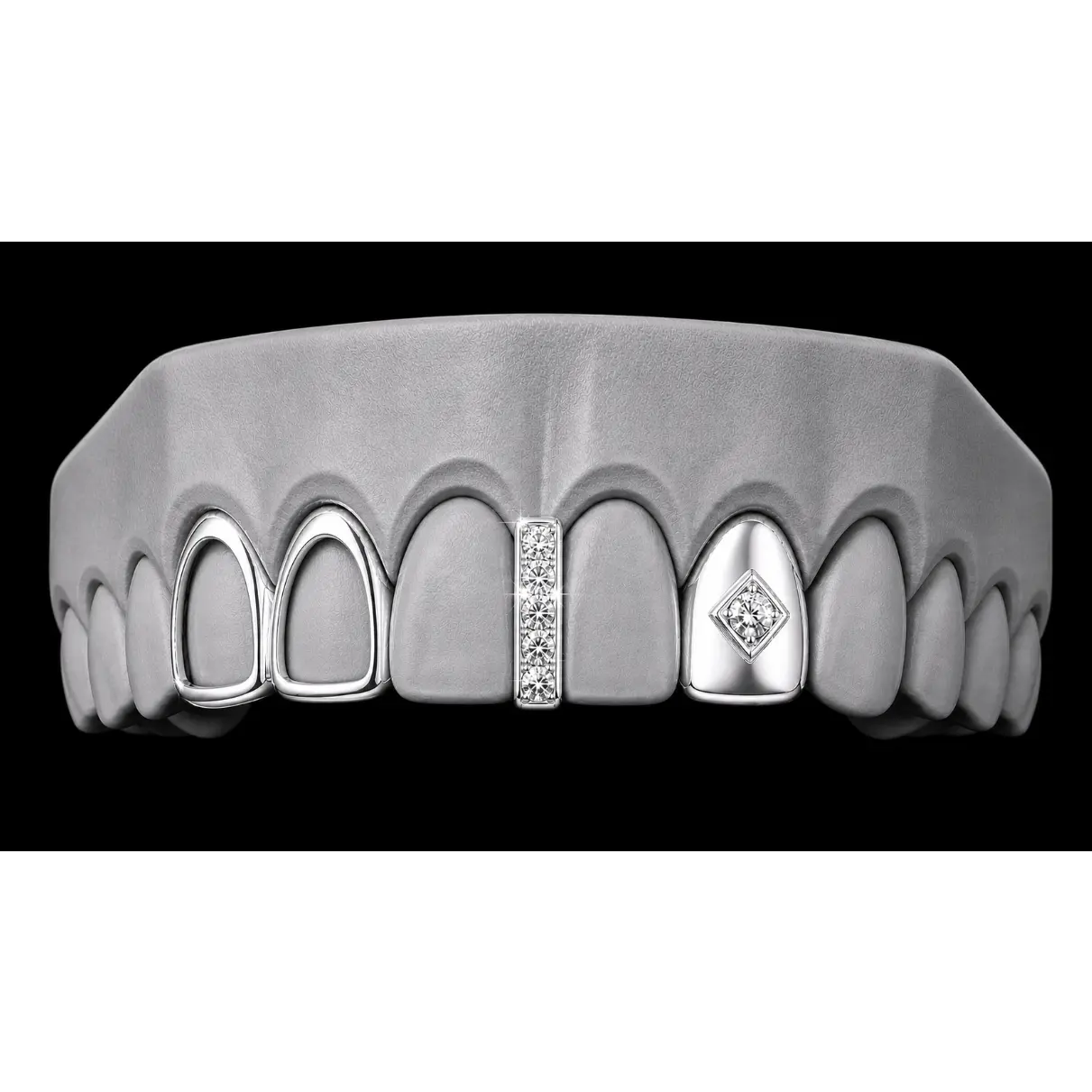925 Silver Plated Open Double Tooth + Centered Diamond Grillz Cap + Iced Gap