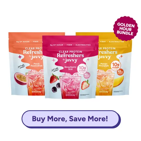 Javvy Clear Protein Refresher Trio Golden Hour TikTok Exclusive Bundle - Strawberry Acai, Mango Pineapple & Peach Passionfruit - 10g Protein, 45mg Caffeine, 0g Sugar, Fiber & Electrolytes, Naturally Flavored, Just Add Water