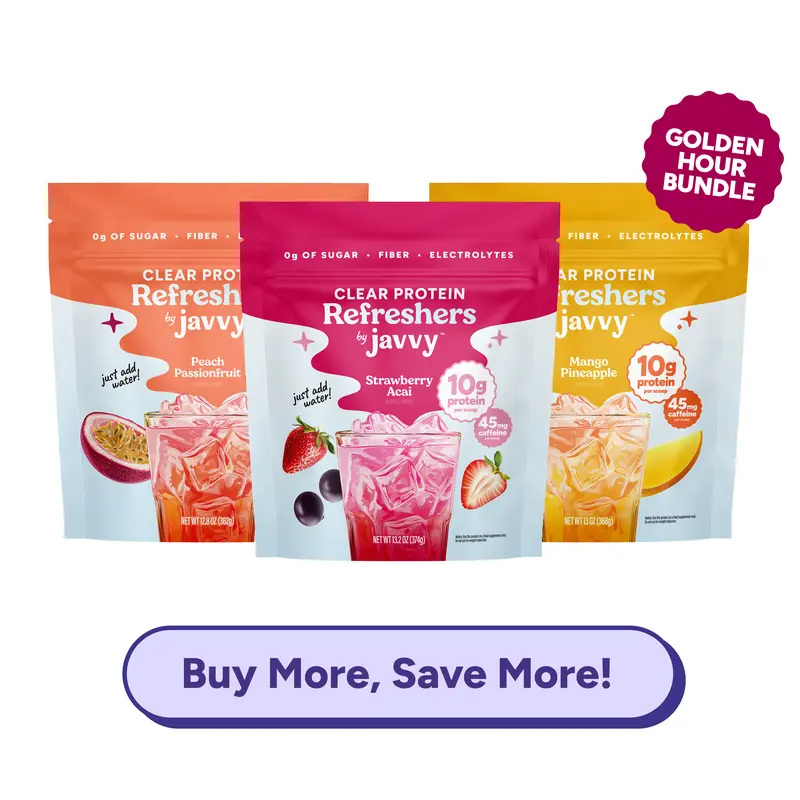 Javvy Clear Protein Refresher Trio Golden Hour TikTok Exclusive Bundle - Strawberry Acai, Mango Pineapple & Peach Passionfruit - 10g Protein, 45mg Caffeine, 0g Sugar, Fiber & Electrolytes, Naturally Flavored, Just Add Water