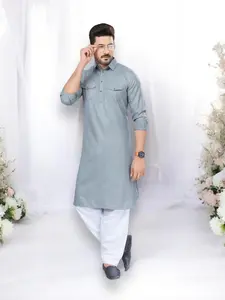 Traditional Gray Pathani Cotton Kurta Pajama Outfit– Ethnic Wear for Mens