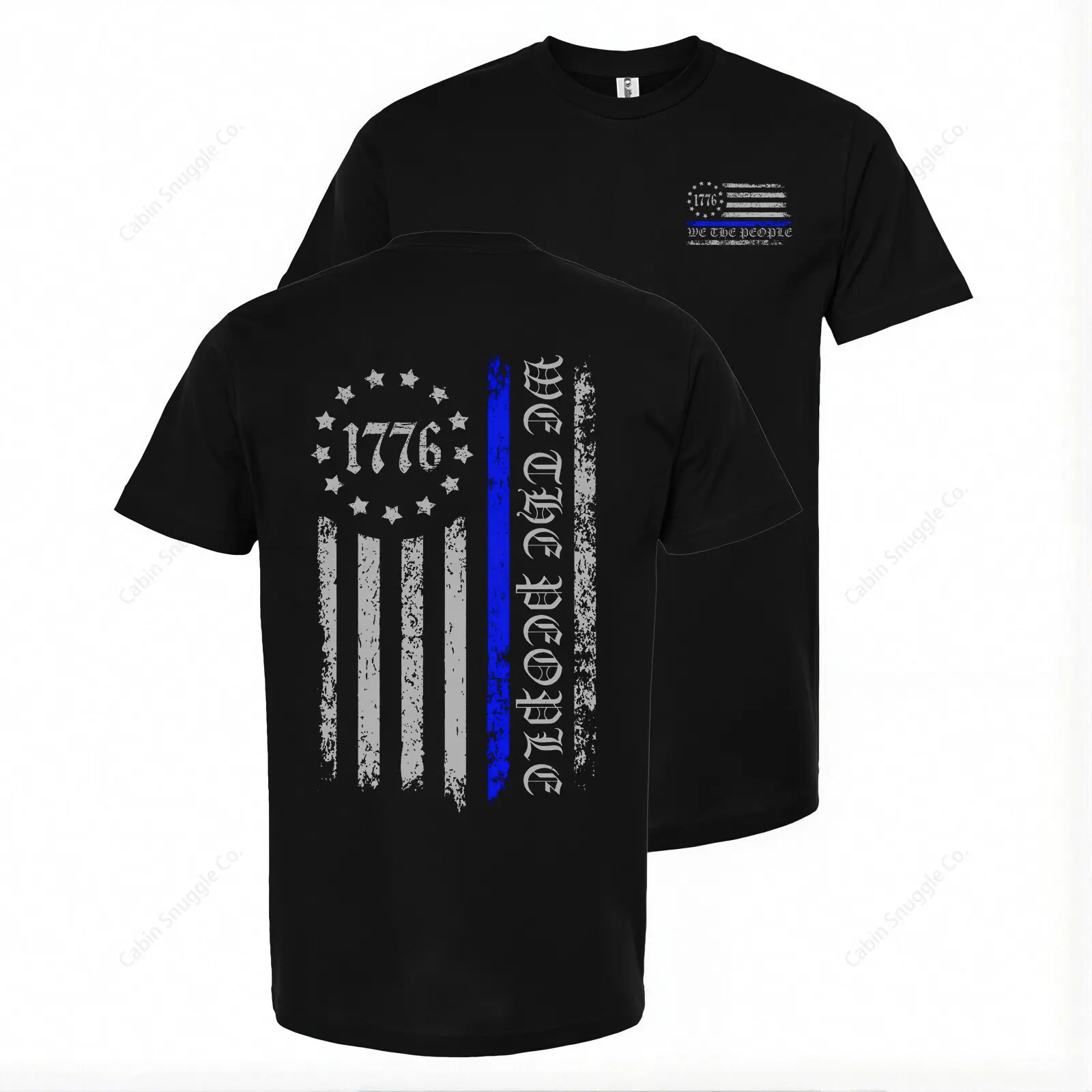 1776 Blue Thin Line Vertical Flag Pattern Back-Printed Police Men's T-Shirt, Casual Classic Style, 100% Cotton, Holiday Gift, Birthday Gift, Best Gift for Her or Him, Unisex, Stylish and Comfortable