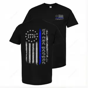 < We, the People > 1776 Thin Blue Line Vertical Flag Back Print Police Men's T-Shirt Casual Classic Style 100% Cotton Unisex Classic Fit; Gift