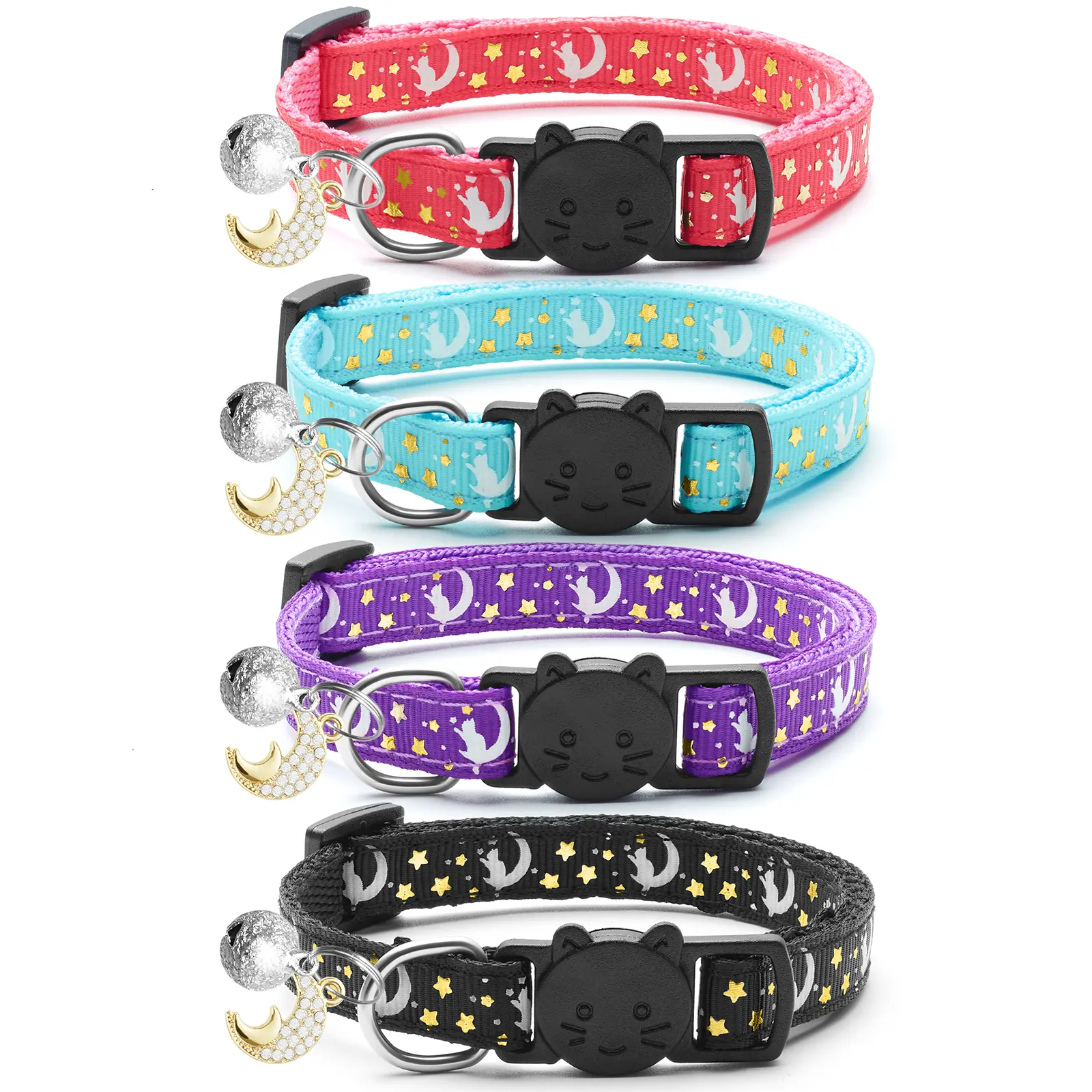 4 PCS Adjustable Kitty Breakaway Collars - Soft Nylon, 1.0cm Width, Comfortable Glowing Moon-Star Sparkle Cartoon Pattern, Safe Release, Cat Pet Gift Accessories Compatible with Harnesses & Leashes