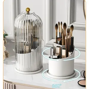 360° Rotating Makeup Brush Holder with Clear Cover, Dustproof Splash-Proof Cosmetic Brush Organizer for Vanity Counter, 10.6 x 4.8 in Beauty Tool Storage Case