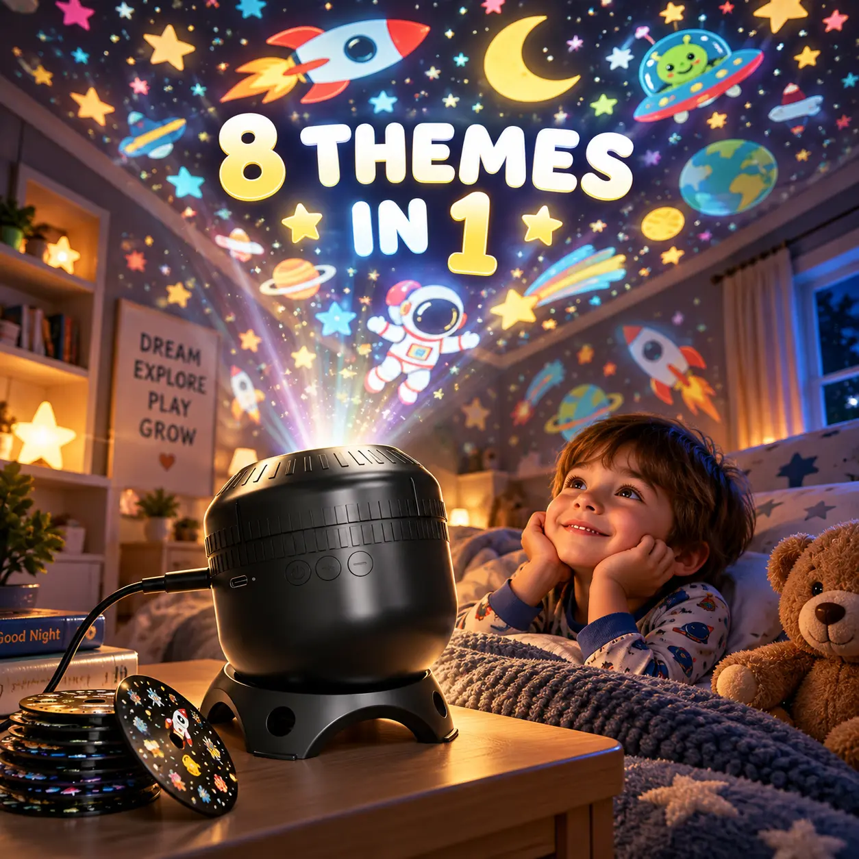 Rotating Ceiling Projector Light with 8 Replaceable Theme Slides, Adjustable Wall Projection Lamp, Type-C Powered Kids Bedroom Decor for Christmas, Halloween, Birthday, Sleepover & Party