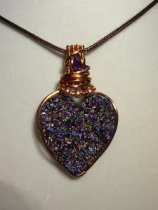 Titanium Aura Druzy Heart & Amethyst facet copper wire-wrapped pendant