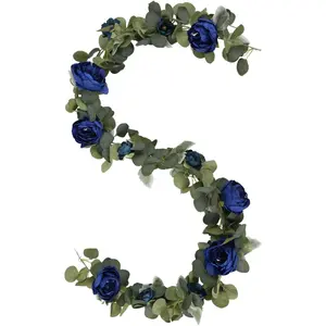 2 Pcs Royal Blue Artificial Peony Flower Garland 6.2ft/Piece Silk Faux Eucalyptus Greenery Garland with Peonies for Wedding Arch Backdrop Party Mantle Home Table Decoration (Royal Blue)