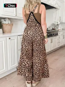 Hotapei Leopard Print Color Block Lace Trim Flounce Wide Leg Overall Jumpsuit, Stylish Casual Women's Romper, Fashionable All-Season Wear