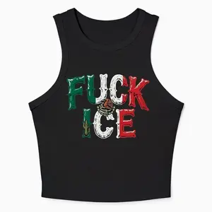 Micro Rib Racer Tank Top SUMMER GRAPHIC Fresh FCK ICE Mexico Flag Look Crop Top With Bold Anti ICE Declaration Perfect gift for Her Women