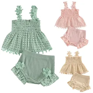 Newborn Baby Girls Summer Outfit Solid Color Cutout Pleated Sleeveless Tank Tops Stretch Casual Ruffle Shorts 2Pcs Set