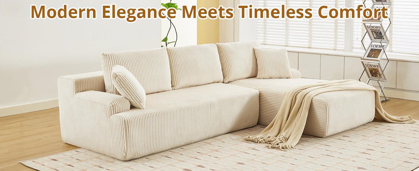 【GARVEE】Discover the 106" Modular Sectional Sofa: a luxurious L-shaped couch featuring a chaise lounge and convertible compression sleeper, crafted from soft corduroy fabric, perfect for any living room or bedroom.