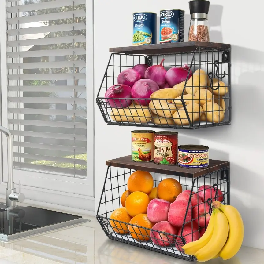 2 Pcs Stackable Fruit Baskets, Hanging Fruit Vegetable Basket Onion Potato Storage for Kitchen Counter Organiser Wood Decor Wall