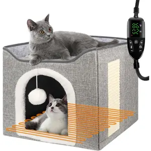 Heated Cat Bed for Indoor Cats, Foldable Cat House with Removable Heating Pad for Cats Small Dog Covered Cat Bed Cave Kitty Hideaway with with Scratch Pad, All Season Use