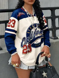 Women's Casual Fitted V Neck Long Sleeve Knit Sweatshirt, Colorblock Geometric Print Design, Spring & Fall Fashion Top for Women, Womenswear