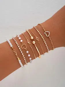 Women's Faux Pearl & Hollow Out Heart Design Bracelets, Open Bangle Bracelet, Simple Design Beaded Bracelet, Party, Daily Clothing Decor, Birthday Gift, Elegant Jewelry Bracelet