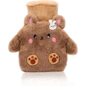 Bear Rubber Hot Water Bottle with Soft Removable Knit Outer Lid, Classic Rubber Hot and Cold Water Bottle with Cute Image Hand Feet Warmer and Shoulder Pain Relief