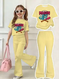 Girls' Bright Set, Number 67 Baseball Print Short Sleeve Top + Bell Pants, Cool Casual Two-Piece, Summer Comfortable Breathable Kids Clothes