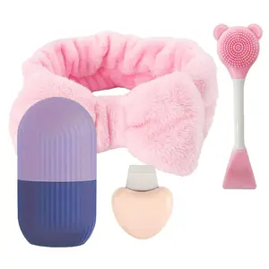 Facial Cleansing Tool Set, 4 Counts/set Silicone Double-ended Facial Cleansing Brush & Headband & Ice Grid & Scraper, Facial Skin Care Tool