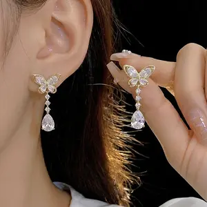 Zircon Butterfly Earrings For Women,DDES0007  Elegant Water Drop Tassel Earrings, Light Luxury, Niche Design, Silver Needle Stud Earrings