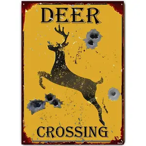 Retro Metal tin Sign Deer Crossing Caution Yellow Sign Holes Rustic Hunting Cabin Lodge Street Road Decor New Wall Art Retro Vintage Bar Country Wall Decoration Metal Aluminum Sign 8x12inch