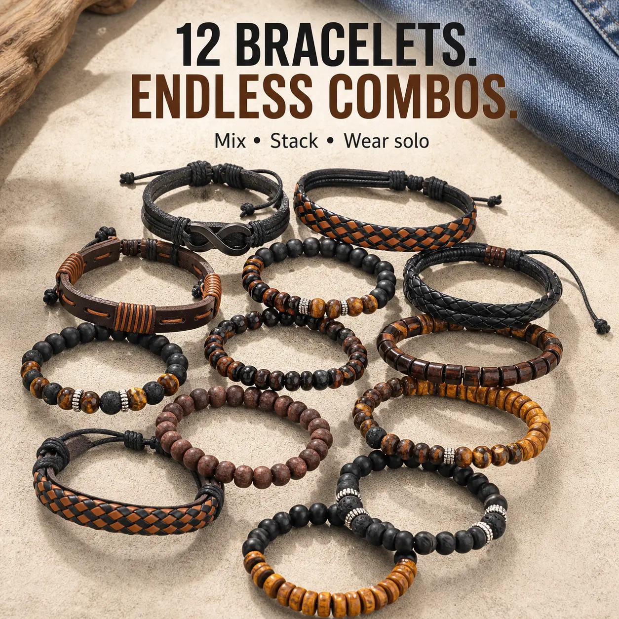 12-Piece Men's Bracelet Set, Beaded and Braided Leather-Look Stackable Bracelets in Black and Brown