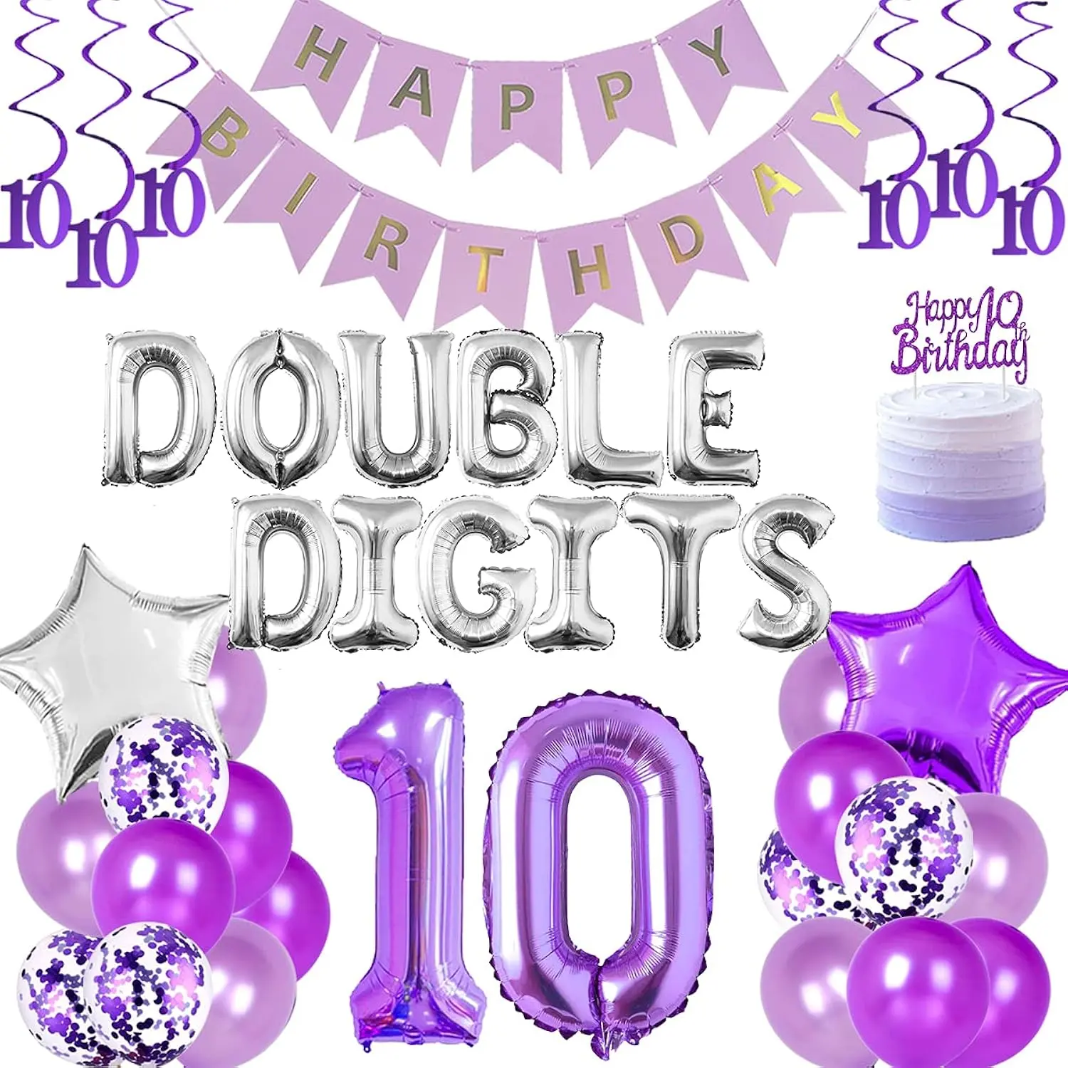 Purple 10Th Birthday Decorations For GirlsDouble Digits Birthday Decoration Supplies 10 - Purple Happy Birthday Banner Foil Balloons Cake Topper Hanging Swirls For Girls 10Th Birthday Party