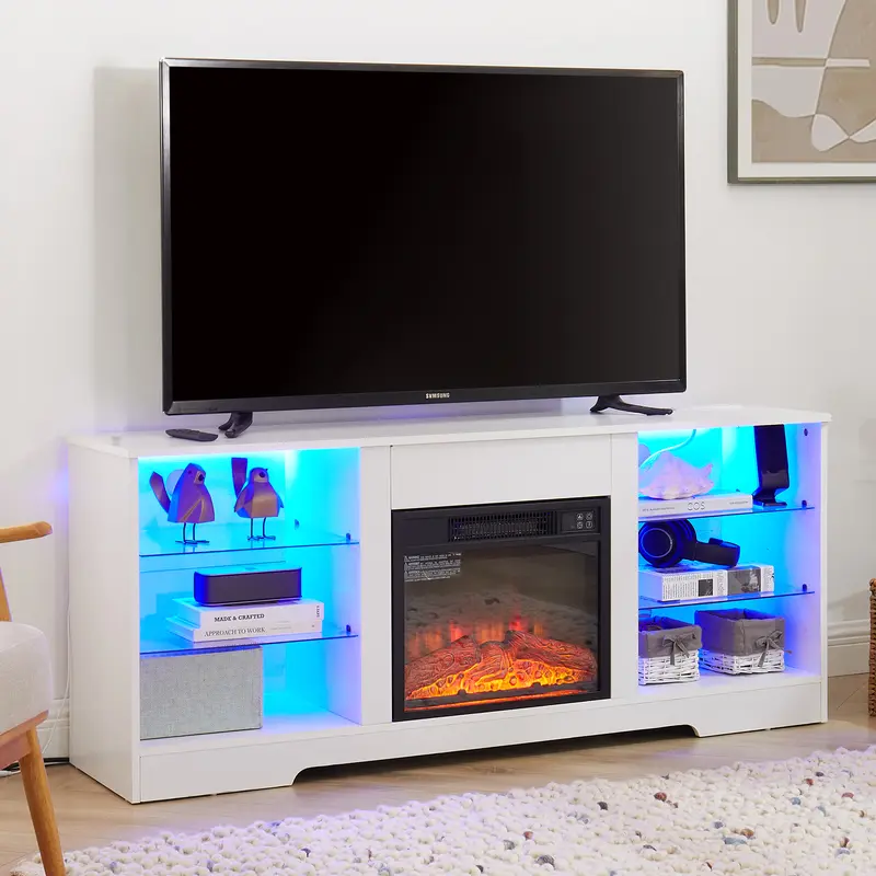 Fireplace TV Stand with 18" Fireplace, Electric Fireplace 3D Fireplace TV Console for TVs up to 65", LED Lights Wood and Glass Entertainment Center & USB Charging Outlet (White)