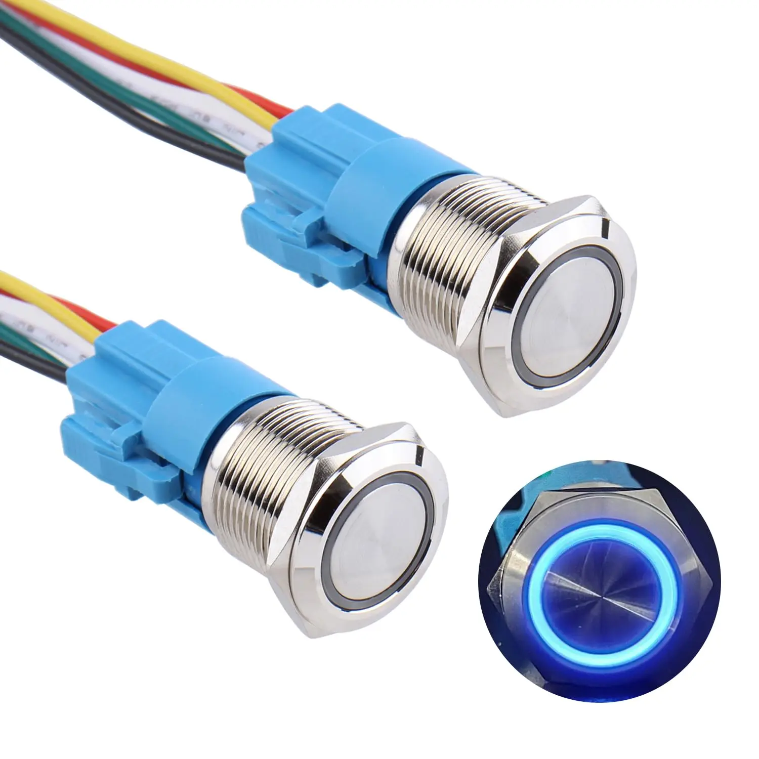 2pcs 19mm Metal Waterproof Latching Push Button Switch 12V-24V ON/Off 1NO 1NC for 3/4" Mounting Hole with Harness Halo Ring Blue LED