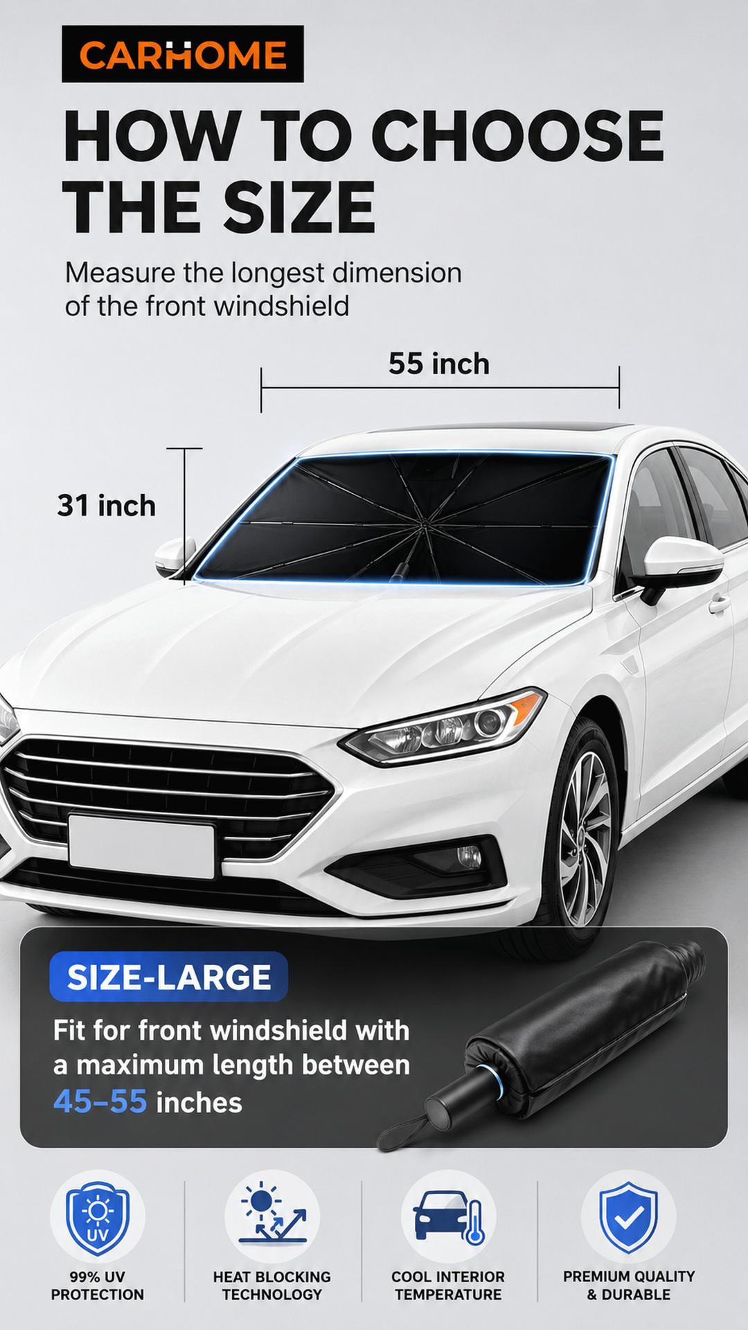 CARHOME Car Windshield Sun Shade - Car Accessories, Foldable Umbrella-Style Heat Shield with UV Protection, Reinforced Spring Edge, 55" x 31" Dashboard Protector