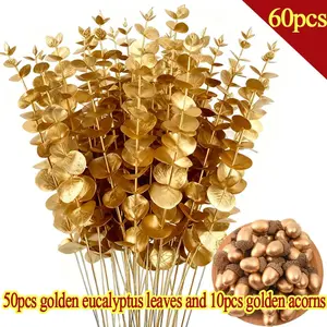 60pcs, 50pcs Realistic Artificial Golden Eucalyptus Branches and 10pcs Golden Acorns, Lifelike Fake Plant, Multi-functional Desktop Centerpiece Golden Decoration, Garden Wedding Christmas DIY, New Year, Home Decoration, House Plants Decor