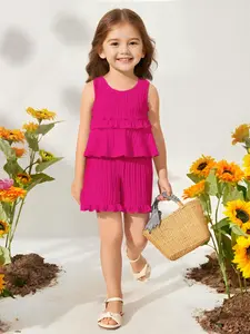 Girls' Stylish Two-Piece Round Neck Set with Ruffled Sleeveless Top and Shorts, Cute Striped Summer Clothes Set for Ages 1-6, Perfect for Vacations and Valentine's Gifts