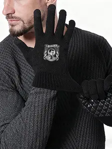 Black Knit Gloves with Jesus Malverde Print Pattern  NonSlip Grip Design for Winter Outdoor Activities and Casual Wear  Ideal for Men and Women  Perfect Christmas Holiday Gift for FaithInspired Style and Daily Warmth  Versatile Cold Weather Accessory