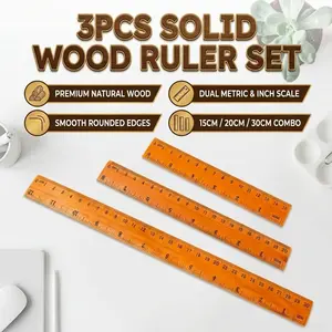 Wooden Ruler 3 Pack, Measuring Tool, Double Sided 6/8/12 Inch Rulers, Perfect for School, Office, Craft Projects & Home Use