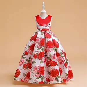 Red Floral Kids Clothes Princess Long Ball Gown Frock 296 Children Formal Evening Party Pageant Prom Host Cocktail Dress Flower Girls 7-12Y