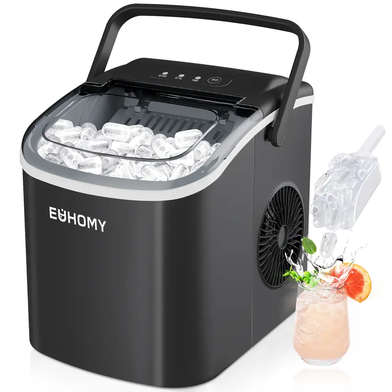 EUHOMY Ice Maker Countertop with Handle, 26lbs in 24Hrs, 9 Ice Cubes Ready in 6 Mins, Auto-Cleaning Portable Ice Maker with Basket and Scoop, for Home/Kitchen/Camping/RV. (2024 New Silver) Utensils 1