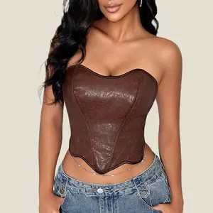 Vintage Texture Floral Asymmetrical Hem Boned Lace Up Back Backless PU Leather Corset Shapewear Crop Tube Top Fit Piece