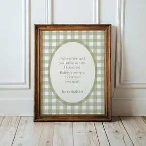 "Before I Formed You" Jeremiah 1:5 Unframed Poster - Blue Gingham Plaid Vintage Nursery Wall Art - Christian Baby Room Scripture Print - New Parent Gift