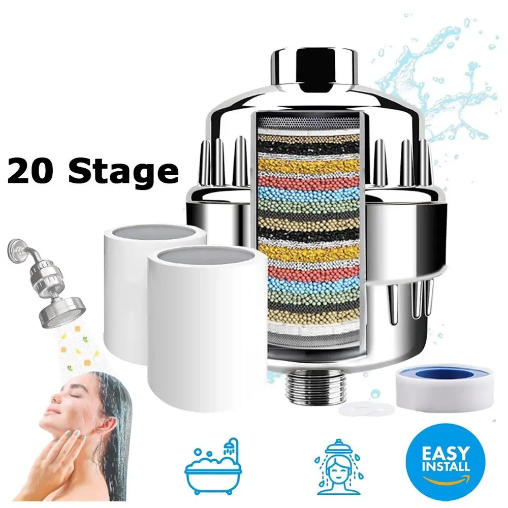 20 Stage Shower Head Filter Purifier for Hard Water Softener, Chlorine & Heavy Metal Removal, Vitamin C Infused, 13000 Gallon Capacity for Skin Hair Health