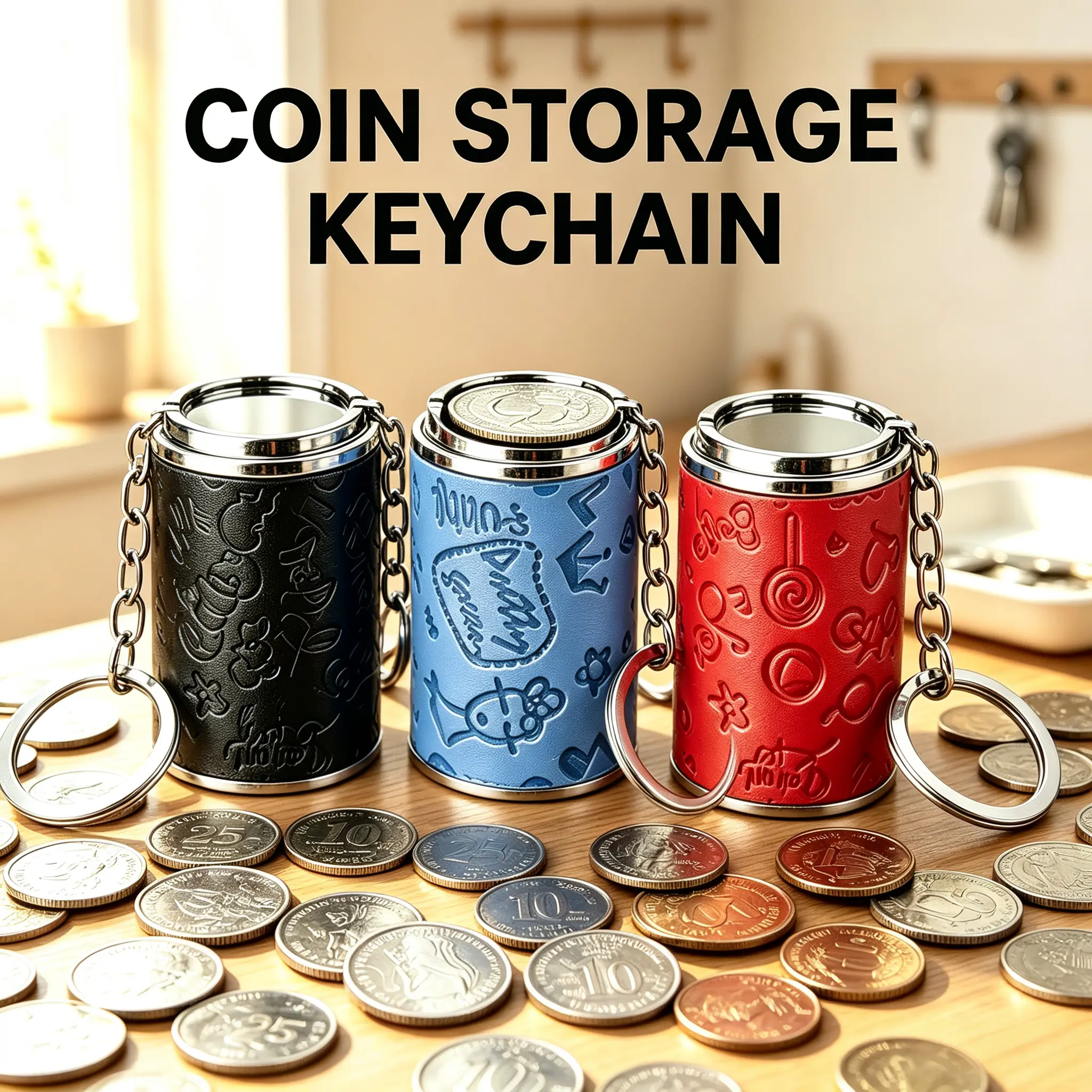 Embossed Leather Mini Coin Storage Keychain, Holds 21 Quarters Portable Quarter Holder Bag Charm Stress Relief Change Case For Laundromat Vending Machines