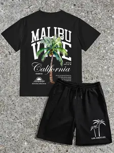 Two-Piece Set Men's Tropical Coconut Tree Graphic Print Tee & Drawstring Waist Shorts Set, Loose Casual Short Sleeve T-shirt & Track Shorts, Men's Summer Clothes