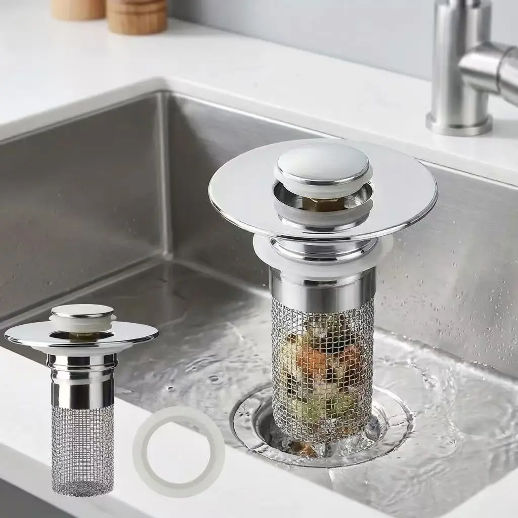 Bouncing Sink Drain Plug, Detachable Stainless Steel Filter Basket Hair Catcher, Sink Water Plug for All 8 Family Members, Suitable as a Gift for 4 Seasons, Suitable for 1, 1-1, 45 Inch Sink Drain Mesh