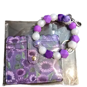 Keychain Wristlet & Small Wrist Wallet with Purple Floral Design and Beaded Accents