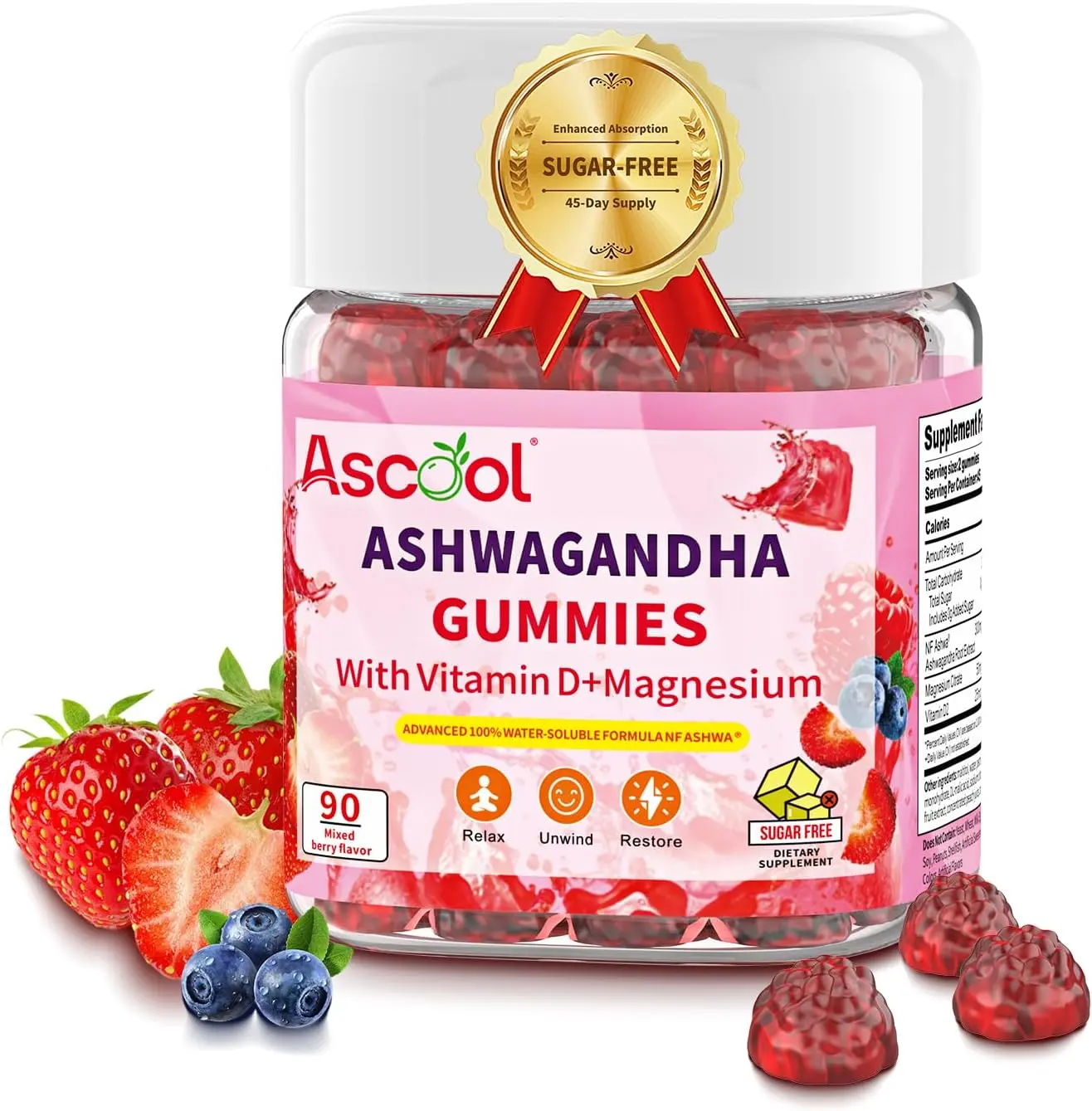Ashwagandha Gummies for Stress Relief & Calm – Formulated with Magnesium & Vitamin D – 90 Count Sugar-Free & Vegan Ashwa Supplement – Advanced Wellness Formula for Daily Relaxation and Balance