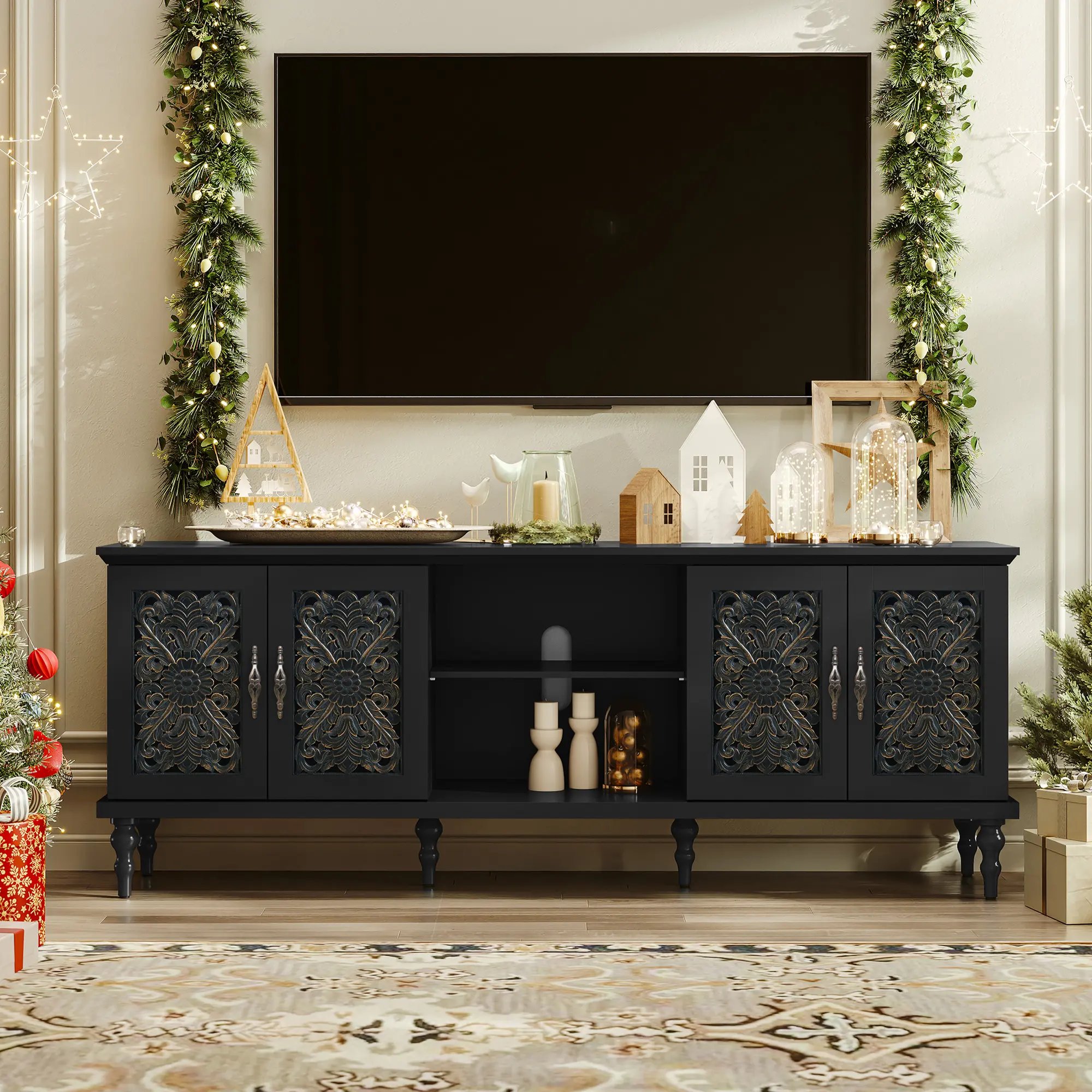 [summerwins] HLR 75 Inch TV Stand Entertainment Center, Carved Wood Media Console with Storage Cabinets, Antique Brass Handles, Farmhouse Vintage Style, for Living Room Bedroom Apartment, Ideal for Families, Large Storage, Sturdy & Easy to Clean tik summ