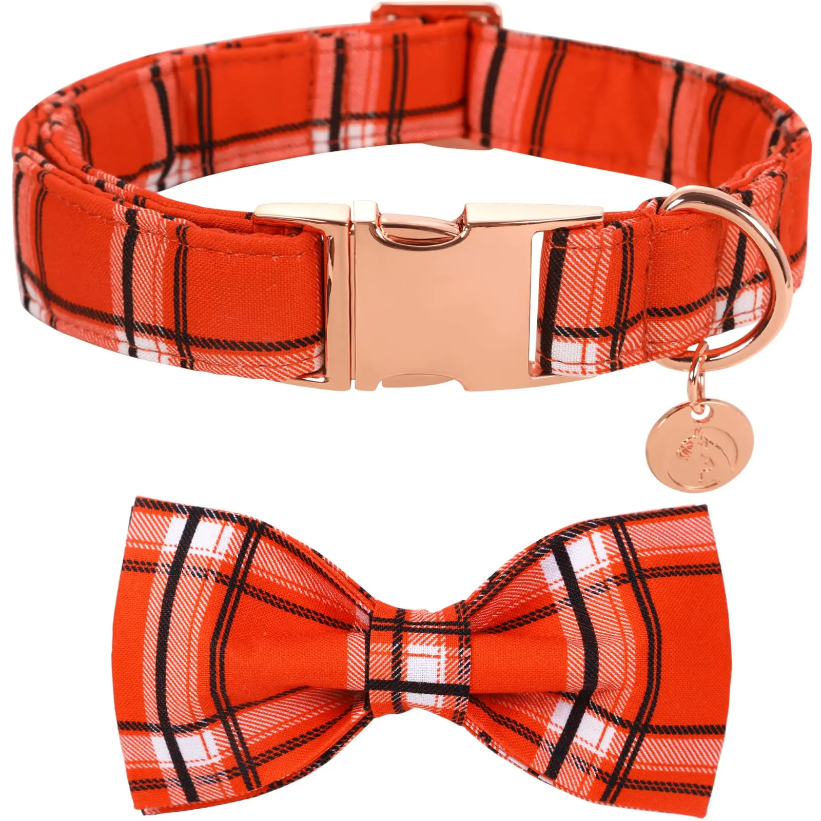 DOGWONG Fall Plaid Print Dog Collar - Cotton Fabric, Adjustable, Soft, Quick Release, Multi-Size for Small, Medium, Large Dogs with Removable Bow Tie